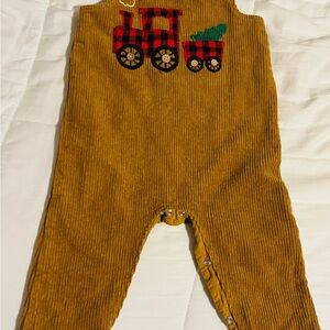 Mud Pie Mustard Corduroy Bodysuit with Train Design